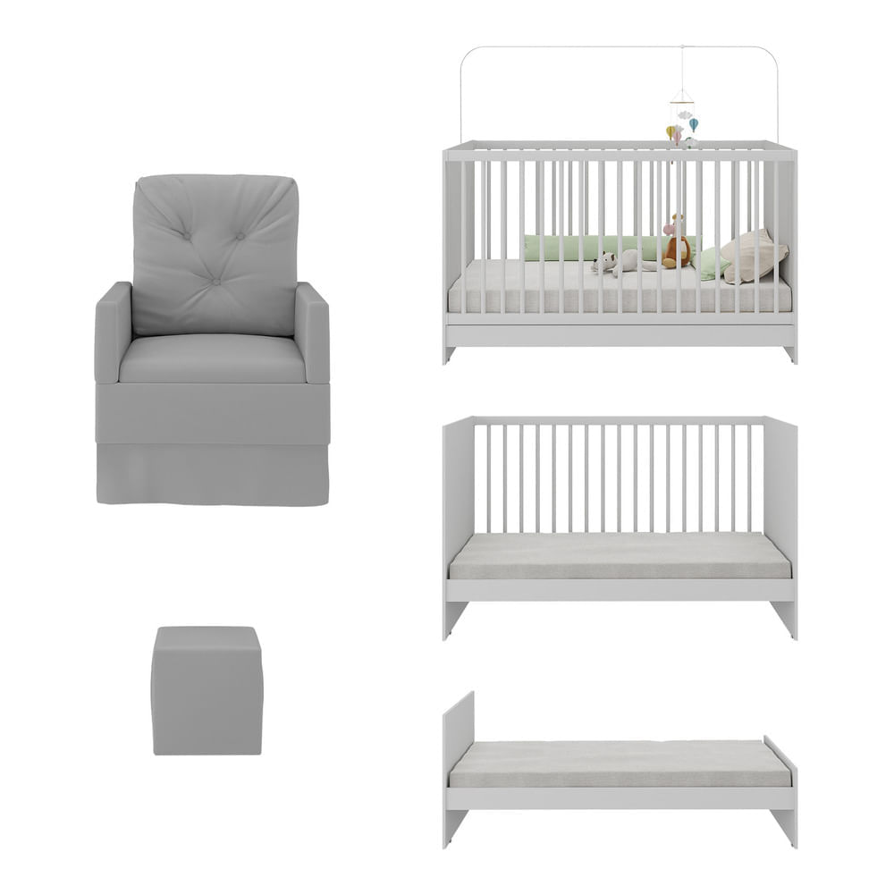 Encontraproduto.com.br - Berço 3 em 1 com Colchão Poltrona Amamentação e Puff Multimóveis MP4151 Branco/Cinza