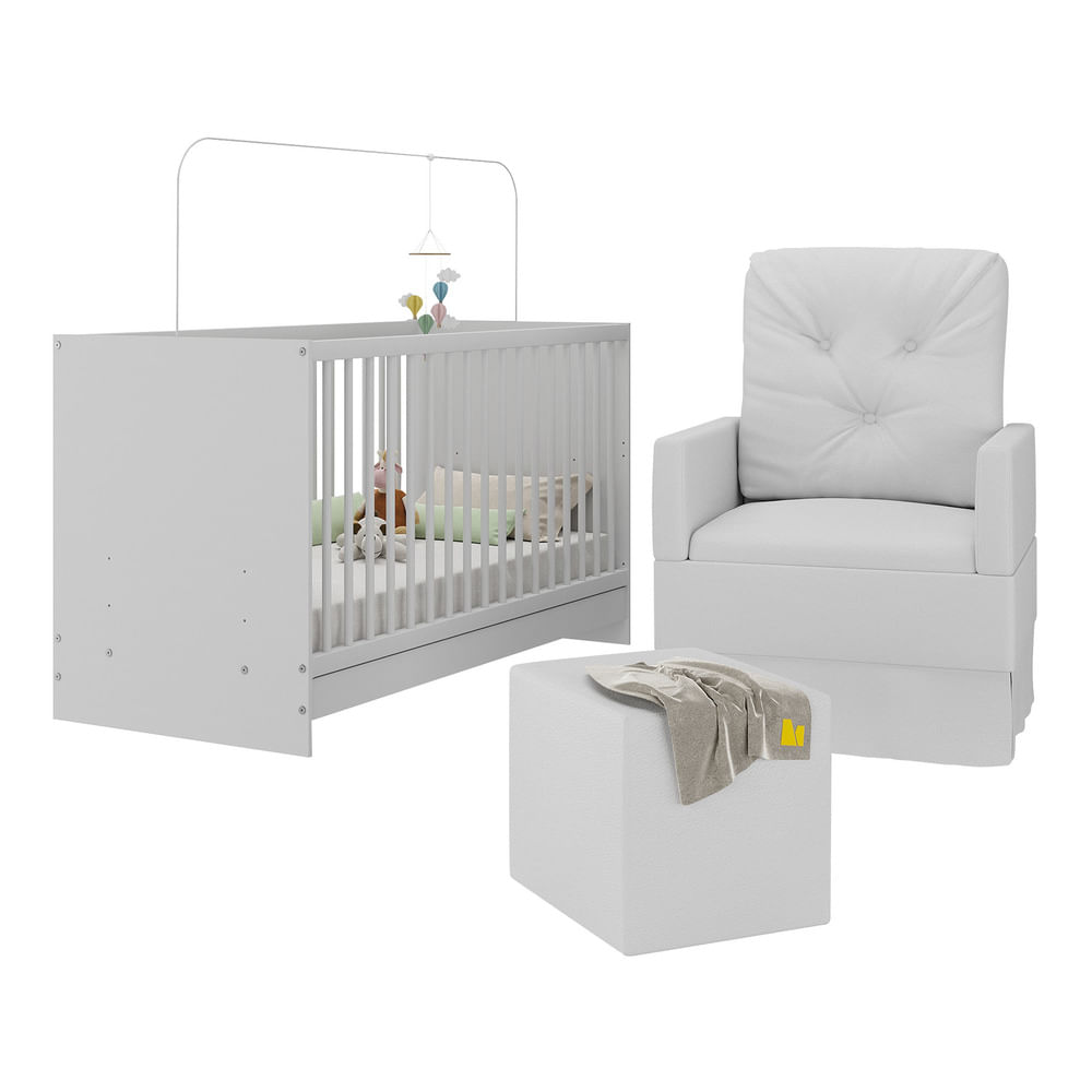 Encontraproduto.com.br - Berço 3 Em 1 Com Colchão Poltrona Amamentação E Puff Multimóveis Mp4151 Branco Branco