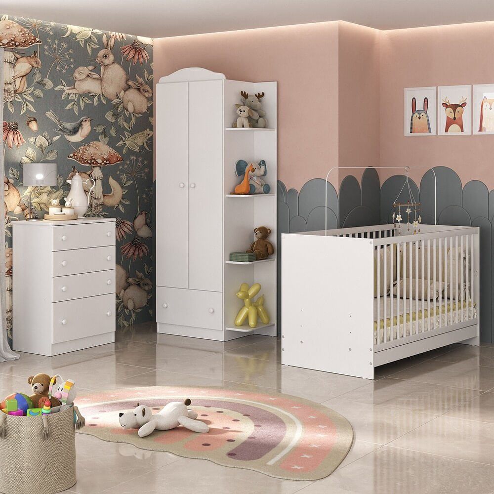 Encontraproduto.com.br - Quarto de Bebê Completo com Berço 3 em 1 com Colchão Multimóveis MP4154 Branco