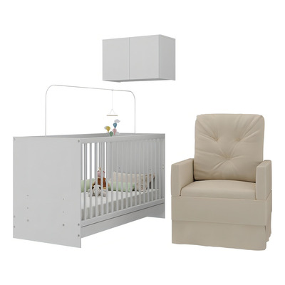 Berço 3 em 1 com Colchão Poltrona e Armário Aéreo 2 Portas Multimóveis MP4156 Branco