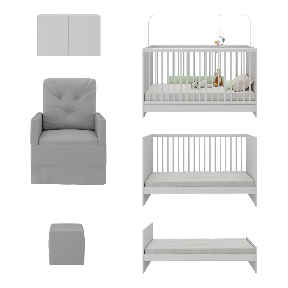 Encontraproduto.com.br - Berço 3 em 1 com Colchão Poltrona Puff e Armário Aéreo 2 Portas Multimóveis MP4157 Branco/Cinza