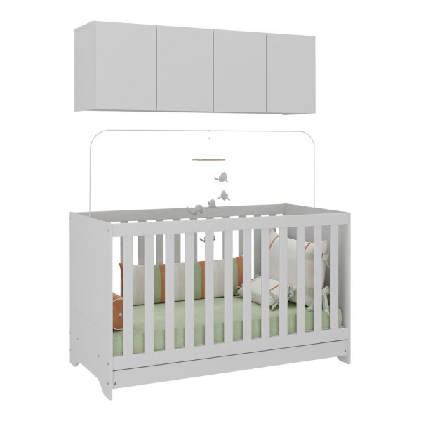 Encontraproduto.com.br - Berço 3 Em 1 Com Colchão E Armário Aéreo 4 Portas Multimóveis Mp4158 Branco Branco