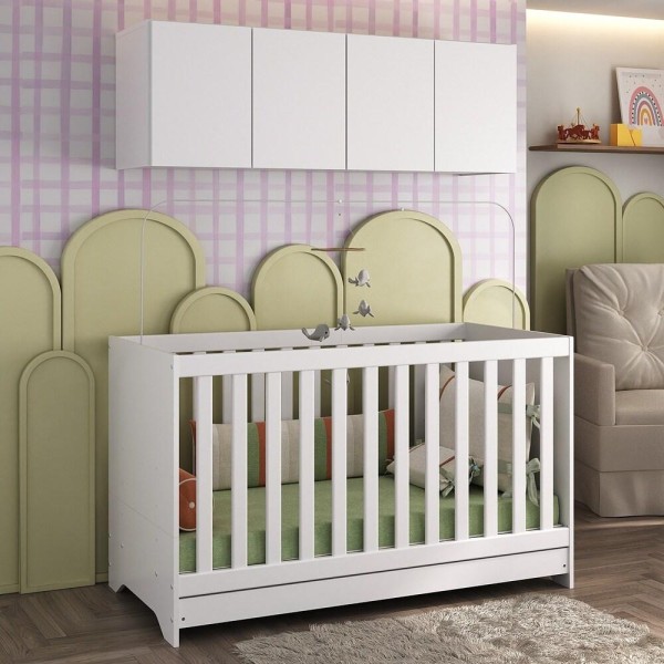 Encontraproduto.com.br - Berço 3 Em 1 Com Colchão E Armário Aéreo 4 Portas Multimóveis Mp4158 Branco Branco