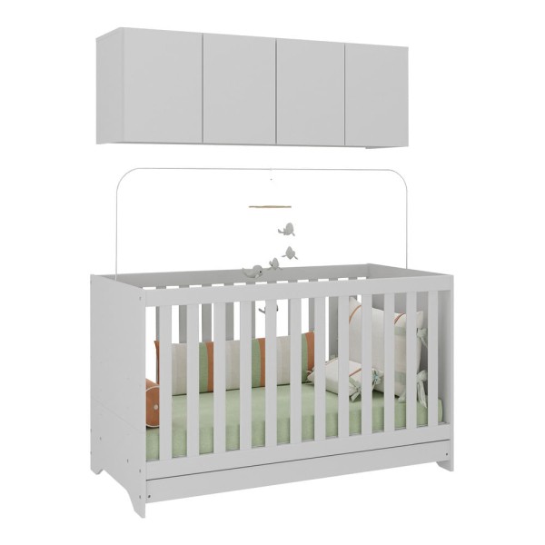 Encontraproduto.com.br - Berço 3 Em 1 Com Colchão E Armário Aéreo 4 Portas Multimóveis Mp4158 Branco Branco