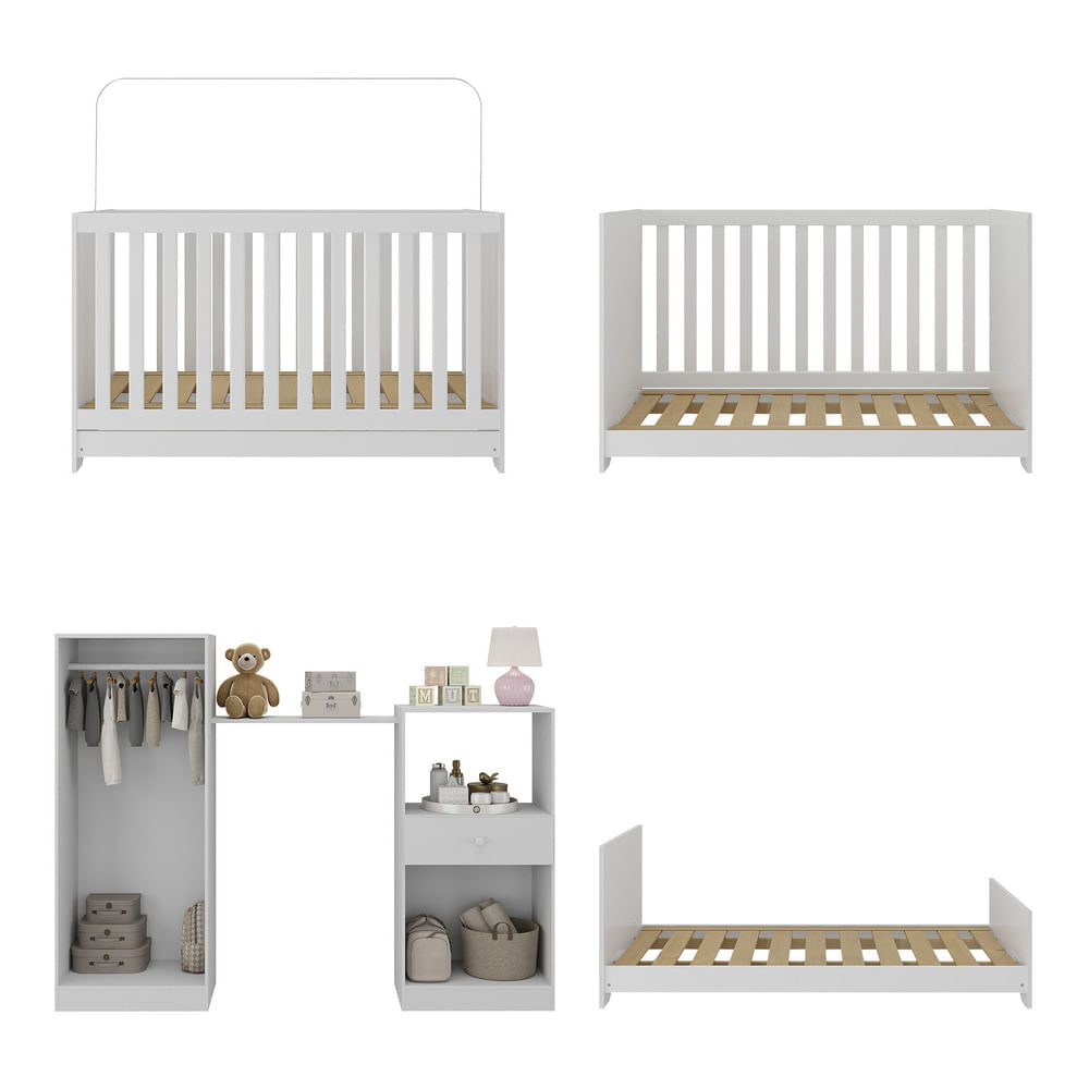 Encontraproduto.com.br - Berço 3 Em 1 Com Colchão E Guarda-roupas 4 Portas 1 Gaveta Multimóveis Mp4162 Branco Branco