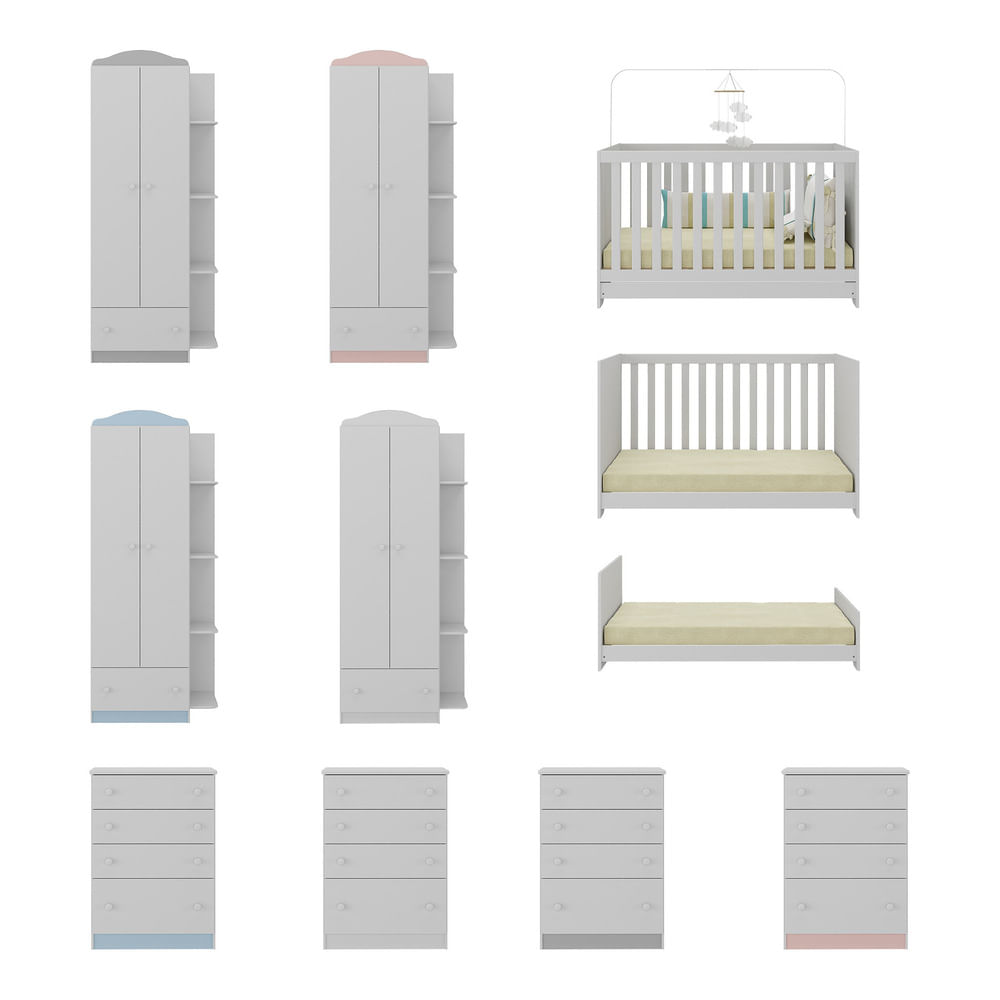 Encontraproduto.com.br - Quarto De Bebê Completo Com Berço 3 Em 1 Com Colchão Multimóveis Mp4163 Branco Branco/colorido