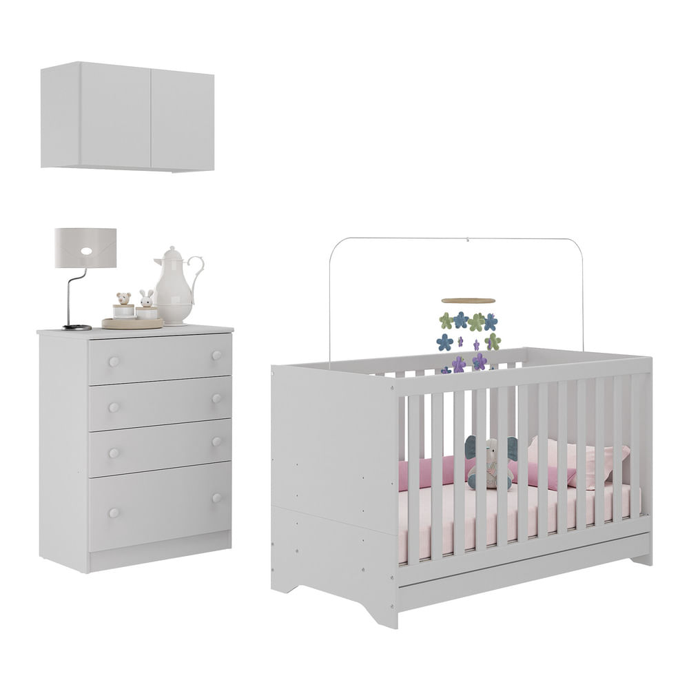 Encontraproduto.com.br - Berço 3 Em 1 Com Colchão Armário Aéreo E Cômoda Multimóveis Mp4164 Branco Branco