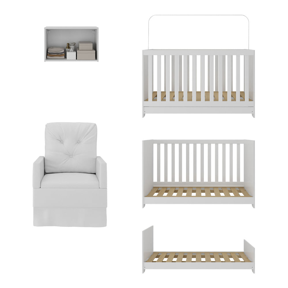 Encontraproduto.com.br - Berço 3 Em 1 Com Colchão Poltrona E Armário Aéreo 2 Portas Multimóveis Mp4165 Branco Branco
