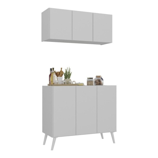 Encontraproduto.com.br - Kit Armário de Cozinha Aéreo e Balcão 3 Portas Retrô Multimóveis MP2168 Branco