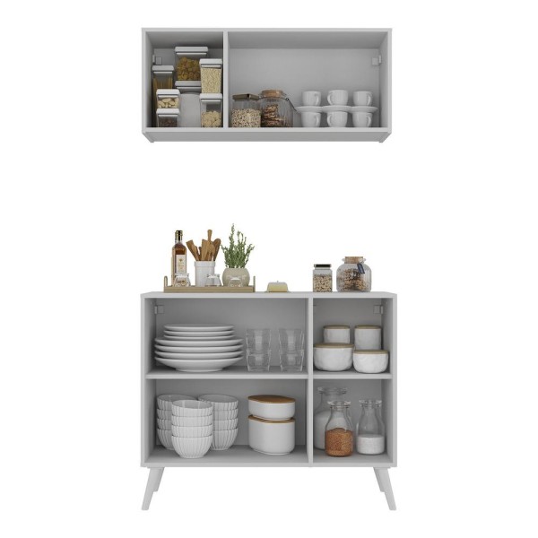 Encontraproduto.com.br - Kit Armário de Cozinha Aéreo e Balcão 3 Portas Retrô Multimóveis MP2168 Branco