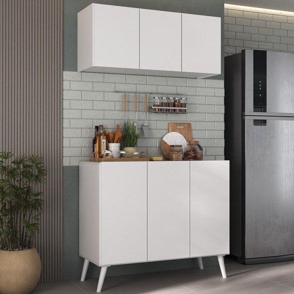 Encontraproduto.com.br - Kit Armário de Cozinha Aéreo e Balcão 3 Portas Retrô Multimóveis MP2168 Branco