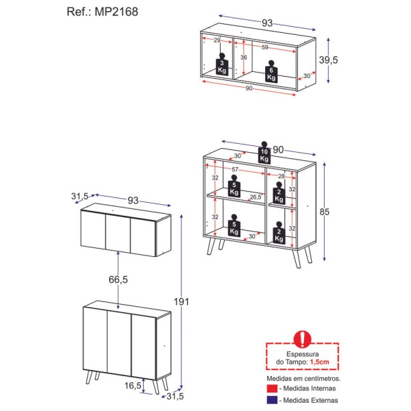 Encontraproduto.com.br - Kit Armário de Cozinha Aéreo e Balcão 3 Portas Retrô Multimóveis MP2168 Branco