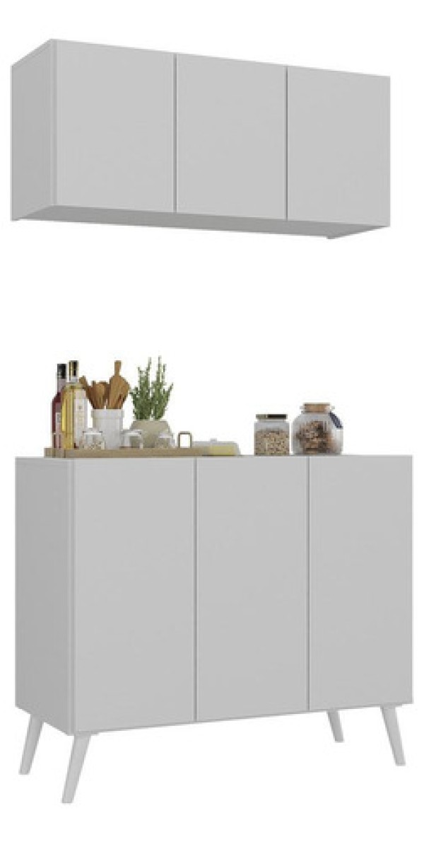 Encontraproduto.com.br - Kit Armário de Cozinha Aéreo e Balcão 3 Portas Retrô Multimóveis MP2168 Branco