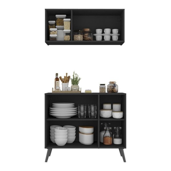Encontraproduto.com.br - Kit Armário de Cozinha Aéreo e Balcão 3 Portas Retrô Multimóveis MP2168 Preto