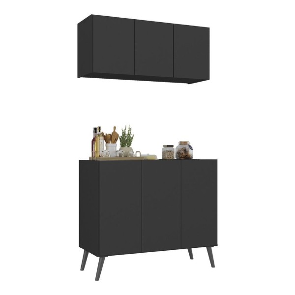 Encontraproduto.com.br - Kit Armário de Cozinha Aéreo e Balcão 3 Portas Retrô Multimóveis MP2168 Preto
