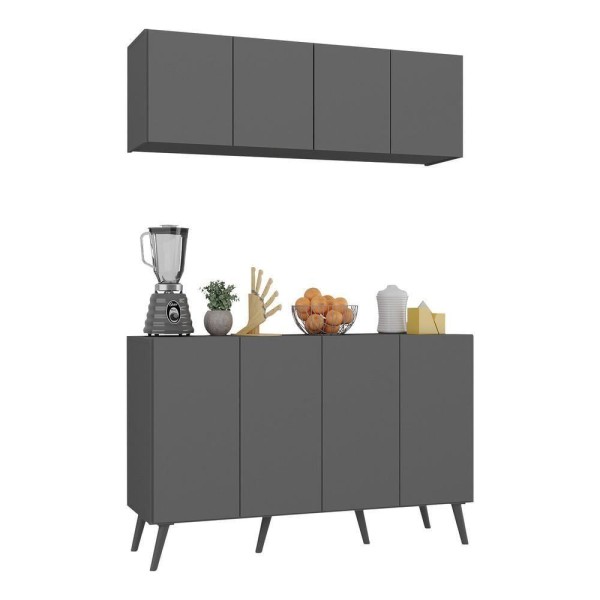 Encontraproduto.com.br - Kit Armário De Cozinha Aéreo E Balcão 4 Portas Retrô Multimóveis Mp2170 Grafite/preto Grafite/preto