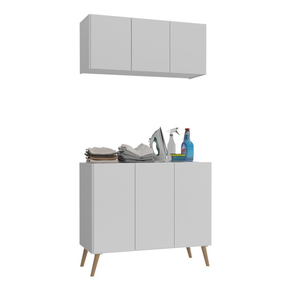 Encontraproduto.com.br - Conjunto Lavanderia Retrô Multiuso Armário Aéreo e Balcão 3 Portas Multimóveis MP5050 Branco/Natural