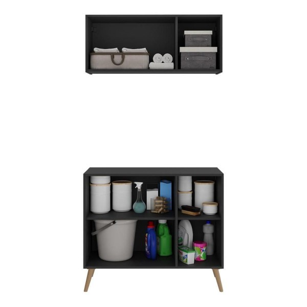 Encontraproduto.com.br - Conjunto Lavanderia Retrô Multiuso Armário Aéreo e Balcão 3 Portas Multimóveis MP5050 Preto/Natural