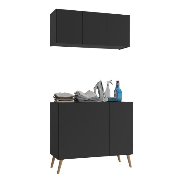 Encontraproduto.com.br - Conjunto Lavanderia Retrô Multiuso Armário Aéreo e Balcão 3 Portas Multimóveis MP5050 Preto/Natural