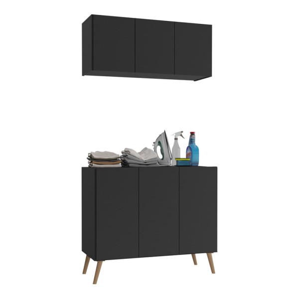 Encontraproduto.com.br - Conjunto Lavanderia Retrô Multiuso Armário Aéreo e Balcão 3 Portas Multimóveis MP5050 Preto/Natural