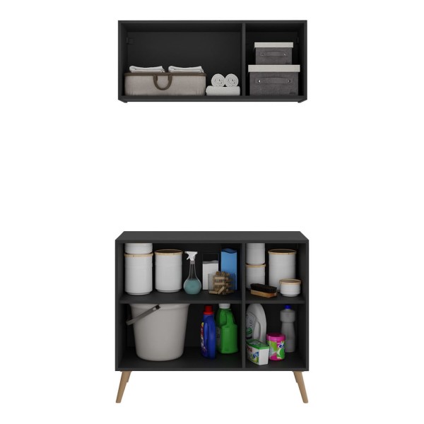 Encontraproduto.com.br - Conjunto Lavanderia Retrô Multiuso Armário Aéreo e Balcão 3 Portas Multimóveis MP5050 Preto/Natural