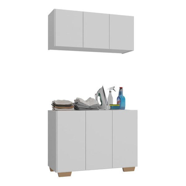 Encontraproduto.com.br - Conjunto Lavanderia Multiuso Armário Aéreo e Balcão 3 Portas Multimóveis MP5051 Branco/Natural