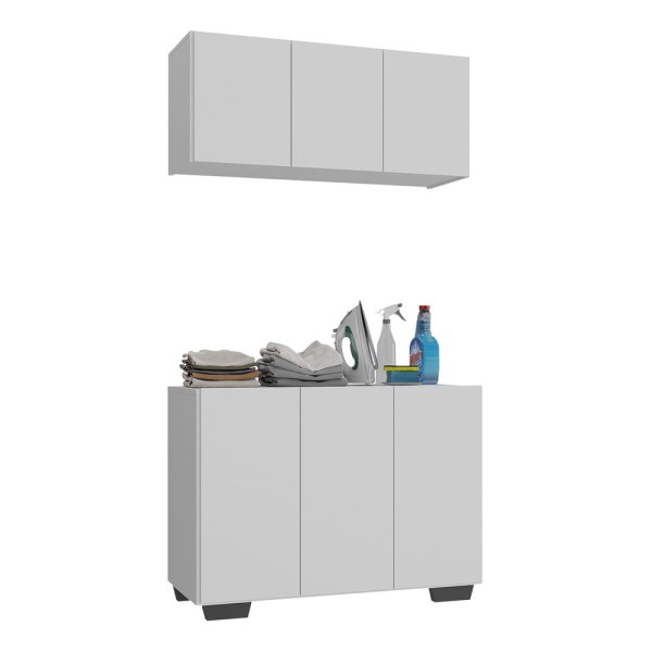 Encontraproduto.com.br - Conjunto Lavanderia Multiuso Armário Aéreo e Balcão 3 Portas Multimóveis MP5051 Branco/Preto