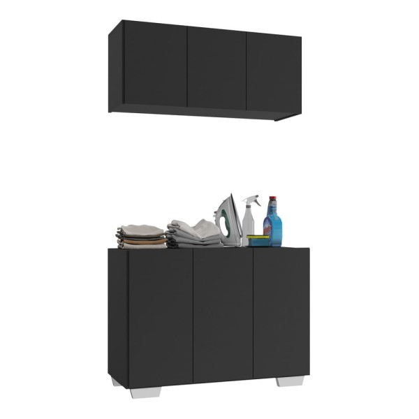 Encontraproduto.com.br - Conjunto Lavanderia Multiuso Armário Aéreo e Balcão 3 Portas Multimóveis MP5051 Preto/Branco