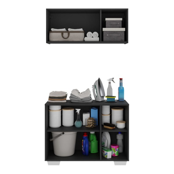 Encontraproduto.com.br - Conjunto Lavanderia Multiuso Armário Aéreo e Balcão 3 Portas Multimóveis MP5051 Preto/Branco