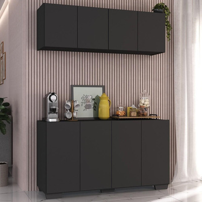 Conjunto Cantinho do Café Armário e Aparador 4 portas Multimóveis MP1085 Preto/Natural