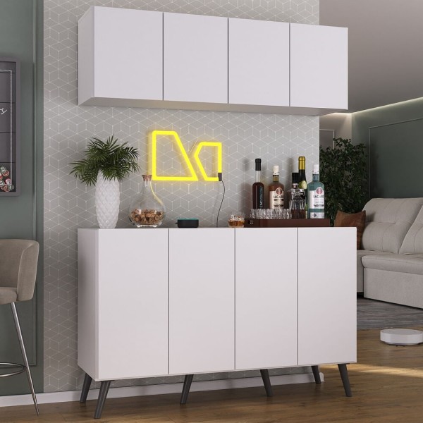 Encontraproduto.com.br - Kit Bar Armário Aéreo E Aparador 4 Portas Retrô Multimóveis Mp1086 Branco/preto Branco/preto
