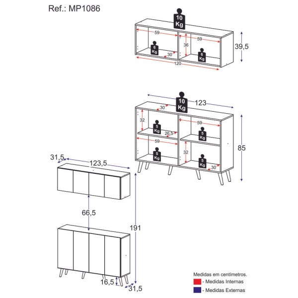 Encontraproduto.com.br - Kit Bar Armário Aéreo E Aparador 4 Portas Retrô Multimóveis Mp1086 Branco/preto Branco/preto