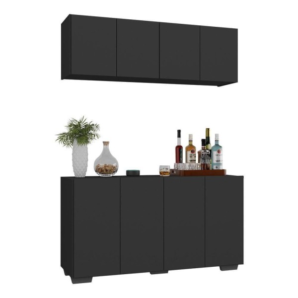 Encontraproduto.com.br - Kit Bar Armário Aéreo e Aparador 4 Portas Multimóveis MP1087 Preto