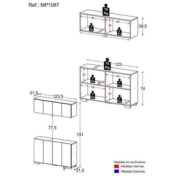 Encontraproduto.com.br - Kit Bar Armário Aéreo e Aparador 4 Portas Multimóveis MP1087 Preto