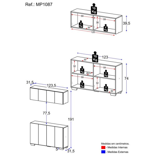 Encontraproduto.com.br - Kit Bar Armário Aéreo e Aparador 4 Portas Multimóveis MP1087 Preto