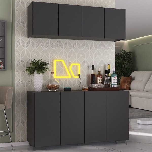 Encontraproduto.com.br - Kit Bar Armário Aéreo e Aparador 4 Portas Multimóveis MP1087 Preto