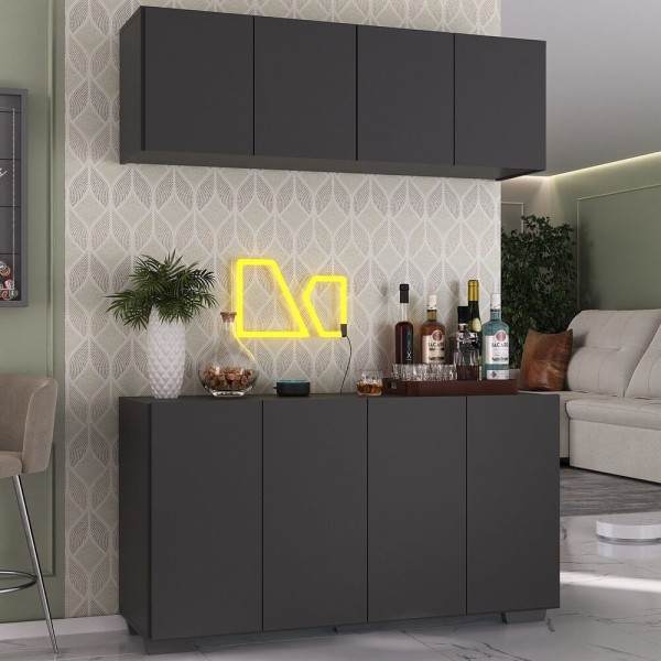Encontraproduto.com.br - Kit Bar Armário Aéreo e Aparador 4 Portas Multimóveis MP1087 Preto