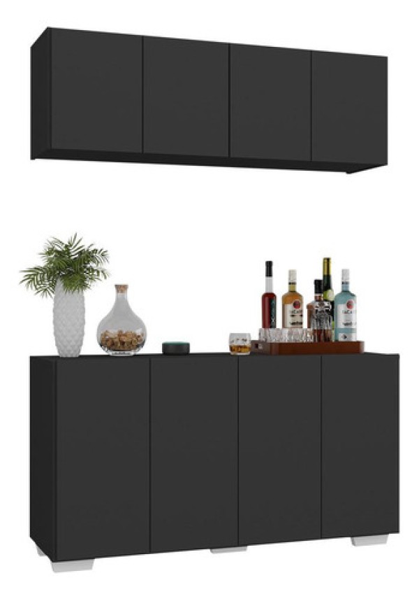 Encontraproduto.com.br - Kit Bar Armário Aéreo e Aparador 4 Portas Multimóveis MP1087 Preto