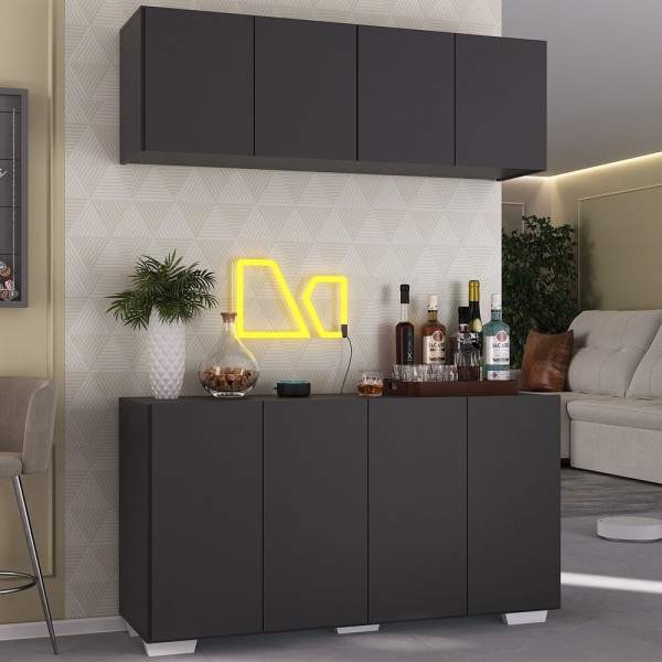 Encontraproduto.com.br - Kit Bar Armário Aéreo e Aparador 4 Portas Multimóveis MP1087 Preto/Branco