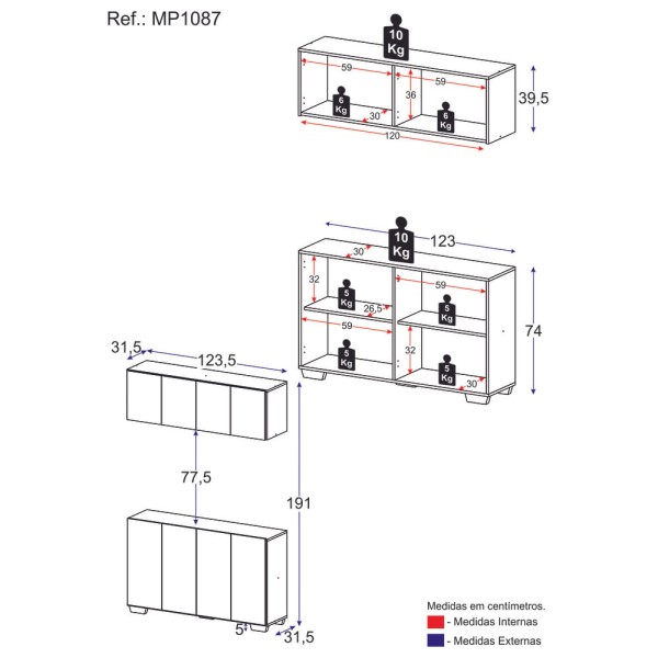 Encontraproduto.com.br - Kit Bar Armário Aéreo e Aparador 4 Portas Multimóveis MP1087 Preto/Branco
