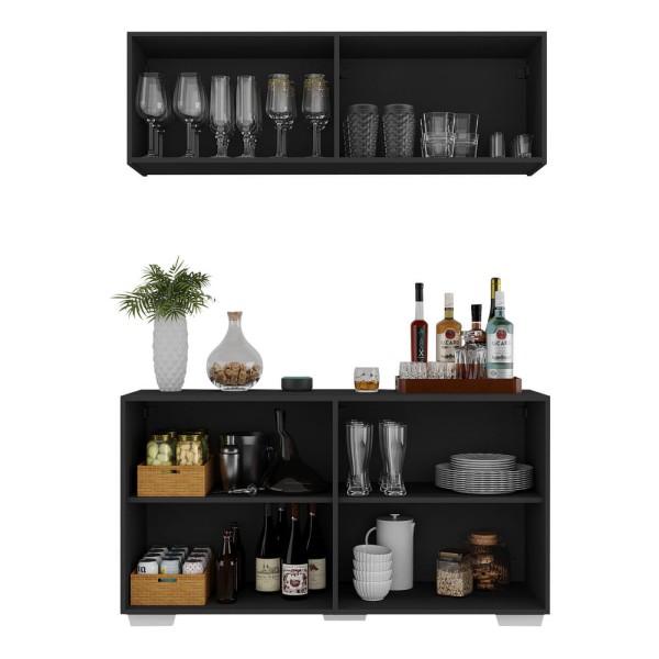 Encontraproduto.com.br - Kit Bar Armário Aéreo e Aparador 4 Portas Multimóveis MP1087 Preto/Branco