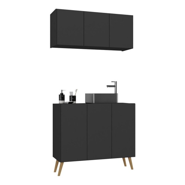 Encontraproduto.com.br - Conjunto Gabinete De Banheiro E Armário Aéreo Retrô Mp5055 Preto natural