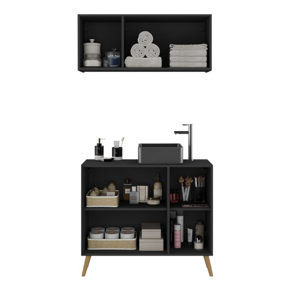 Encontraproduto.com.br - Conjunto Gabinete De Banheiro E Armário Aéreo Retrô Mp5055 Preto natural