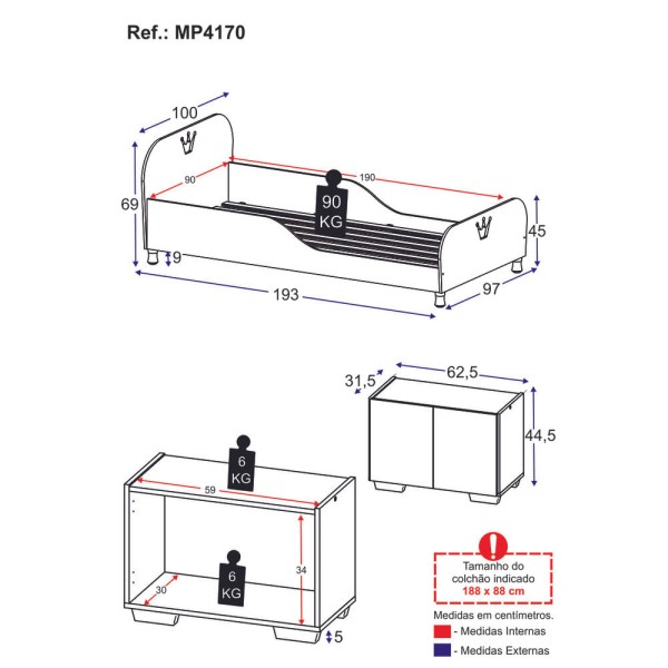 Encontraproduto.com.br - Cama Solteiro Com Mesa De Cabeceira 2 Portas Multimóveis Mp4170 Branca Branco