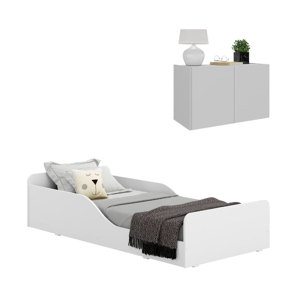 Encontraproduto.com.br - Minicama Montessoriana com Colchão Incluso e Mesa de Cabeceira 2 Portas Multimóveis MP4192 Branca