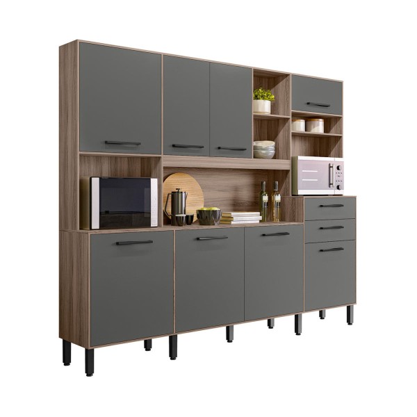 Encontraproduto.com.br - Armário Cozinha Compacta Com 8 Portas E 2 Gavetas Multimóveis Cr20250 Carvalho Nature/chumbo Carvalho Nature/chumbo