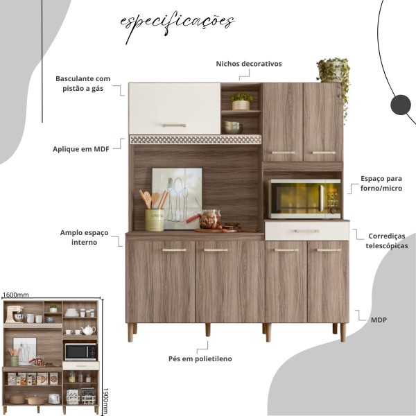 Encontraproduto.com.br - Armário Cozinha Compacta Com 7 Portas Multimóveis Cr20254 Carvalho Nature/off White Carvalho Nature/off White