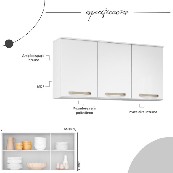 Encontraproduto.com.br - Armário Aéreo 120cm com 3 Portas Multimóveis CR20261 Branco