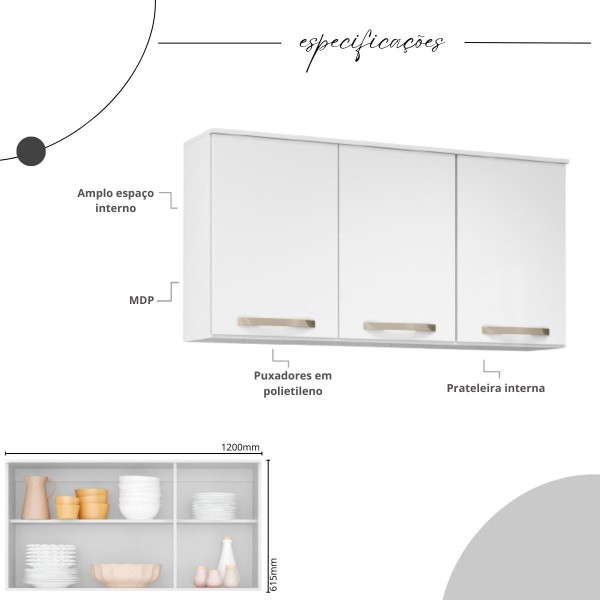 Encontraproduto.com.br - Armário Aéreo 120cm com 3 Portas Multimóveis CR20261 Branco