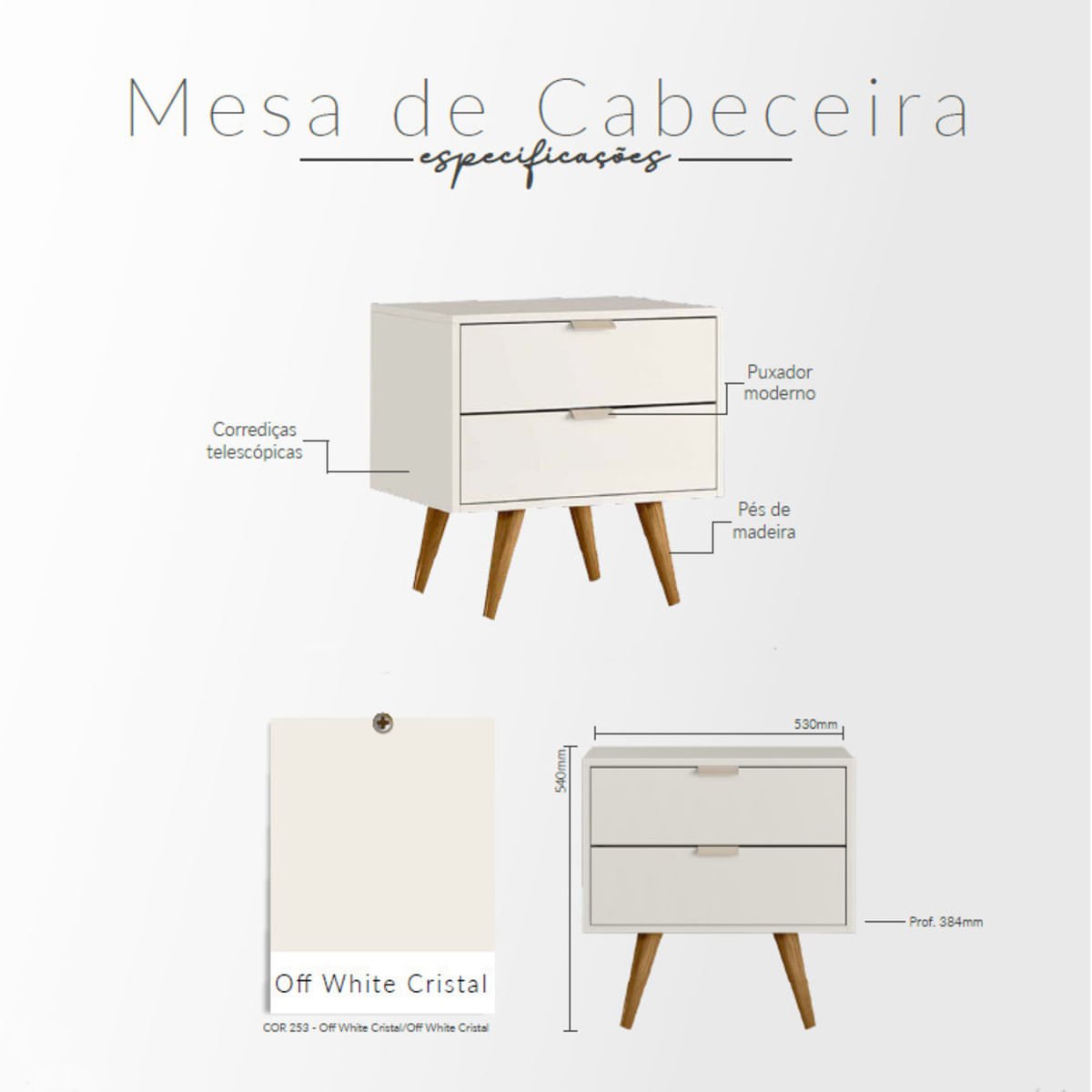 Encontraproduto.com.br - Mesa De Cabeceira Retrô Com 2 Gavetas Multimóveis Cr35203 Off White Cristal Off White Cristal